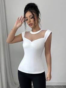 Elenzga 女式弹力网眼修身 T 恤，夏季时尚 - 白色 - 查看 4