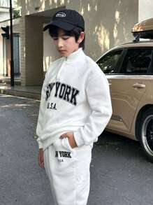 Tween 男童字母印花纽扣前卫衣和运动裤套装，休闲宽松，适合日常穿着，秋冬季 - 白色 - 查看 12