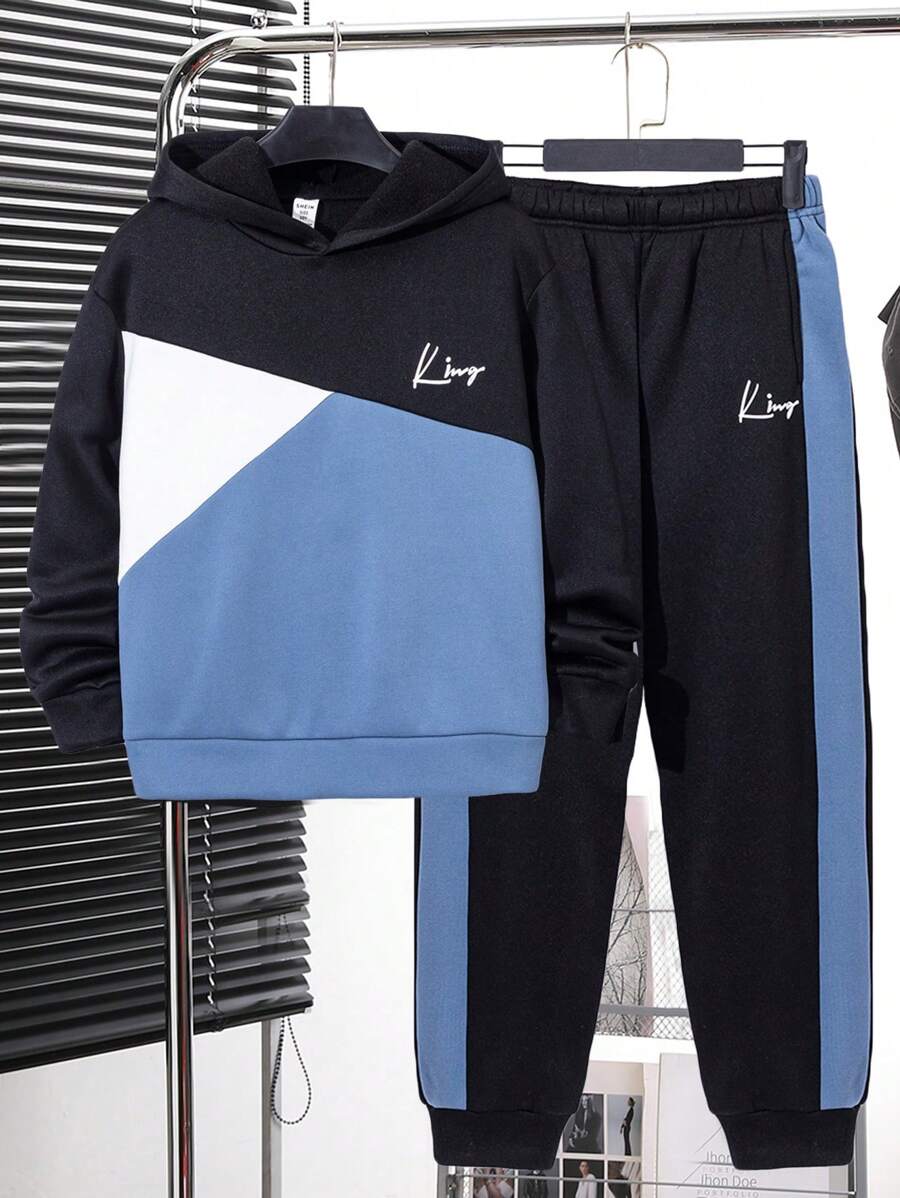 Set Tween Boy Black Patchwork Monogram Hoodie Hoodie Black Jogger Pants Affordable Two-Piece Kids Fall Clothes Boys Fall Clothes Kids Costume Can Be Paired With Black Shirt Halloween Shirt Boys Halloween Fall Shirts Fall Blouses Cute Sweater Suitable For Commuting To School Daily Leisure College Travel Suitable For Sports Suitable For Fall And Winter Season,Fleece,Thickened - Black - View 1