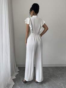 SHEIN Unity Women's Elegant Ruffle Trim Chinese Button Front Jumpsuit, Summer - Beige - View 2