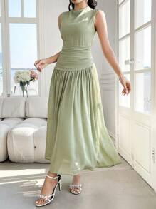Modelyn 女式无袖高领褶饰中长连衣裙 - 綠色 - 查看 4