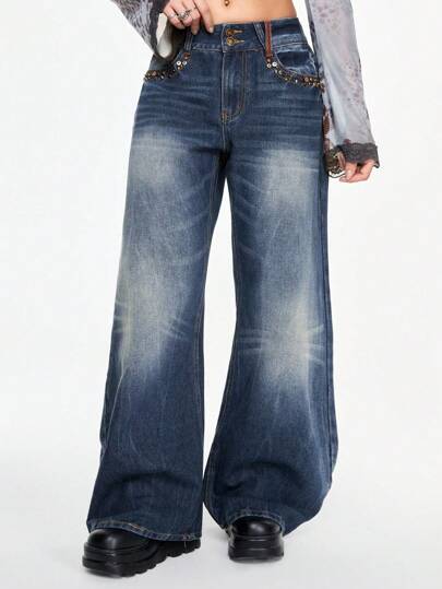 Grunge Punk Retro Distressed Studded Design Wide Leg Low Waist Women Loose Fit Jeans