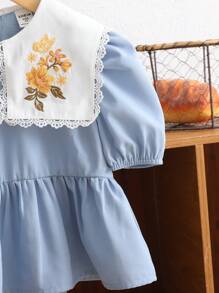 女孩复活节海军领刺绣短袖上衣 - 藍色 - 查看 3