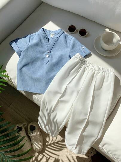 SHEIN LMoss Kids 2件套年轻男童休闲纯色立领短袖衬衫和直筒裤套装