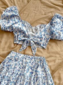 Soleia 2 件套女式复古蓝白碎花泡泡袖上衣和迷你裙，可爱休闲度假/返校夏季服装 - 藍色 - 查看 5