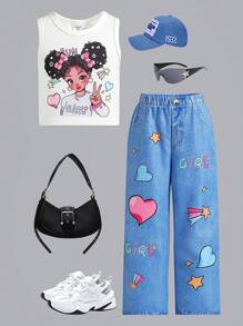 SHEIN 1pc Young Girl Casual Cool Print White Crop Top And Denim Effect Print Long Pants 2 Pieces Set, Summer Young Girls Clothing Young Girls Sets - White - View 3