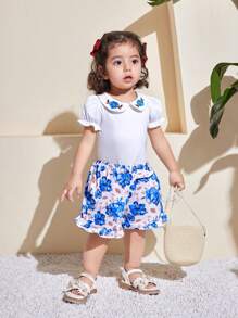 2pcs Baby Girl Summer Outfit,Cute White Peter Pan Collar Floral Embroidered Short Sleeve Blouse,Sweet Bowknot Printed Flowy Shorts,Vacation Fashion - Multicolor - View 2