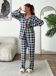 RueChic 2pcs Women Soft Touch Suede Button Front Detail Plaid Pattern PJ Set - Multicolor - View 1