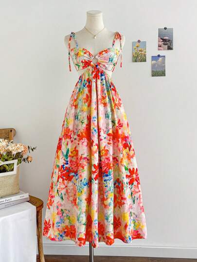 Soleia 度假女士彩色油画花卉印花荷叶边肩带前腰 A 字中长连衣裙