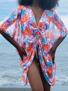 SHEIN Swim Vestido pareo con estampado de hoja grande tropical y colorido, con cordón en el centro para mujer - Multicolor - Ver 7