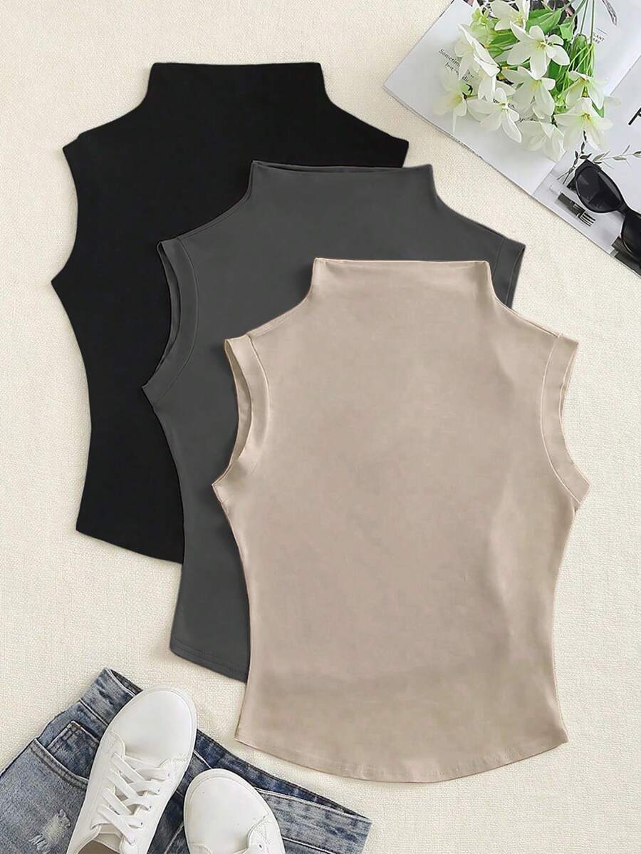 Elamini 1pc Women Stand Collar Asymmetrical Hem Casual Basic Tank Top - Multicolor - View 1