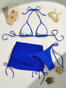 Swim Vcay 3pcs Spring Break Women's Solid Color Halter Tie Sexy Bikini Set With Skirt For Summer Beach