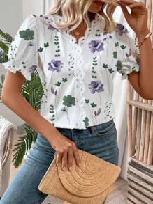 SHEIN LUNE Áo cánh tay bồng ren họa tiết hoa tương phản dành cho nữ, hoàn hảo cho kỳ nghỉ - Màu tím - Xem 3