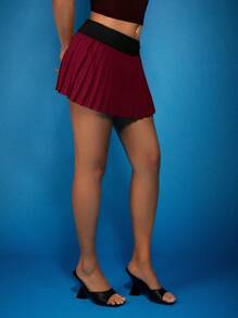 COSMINA Women's Fashion Contrast Waist Band Pleated Skirt - Burgundy - View 4