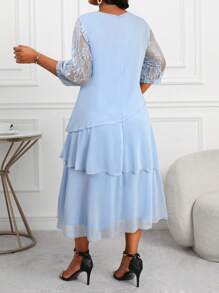 SHEIN Lady 大码女装商务专业蓝色镂空袖蕾丝拼接荷叶边分层中长连衣裙教师服教师连衣裙秋季连衣裙蕾丝连衣裙四季