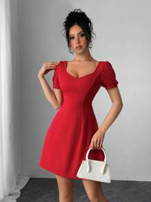 Rafferiza Đầm mini màu trơn cổ tim tay ngắn gợi cảm và thanh lịch màu đỏ cho nữ - Đỏ - Xem 3