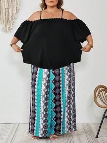 SHEIN CURVE+ Plus Size Women Summer Open Shoulder Short Sleeve Blouse And Floral Print Wide Leg Pants 2 Pieces Set Boho Vacation