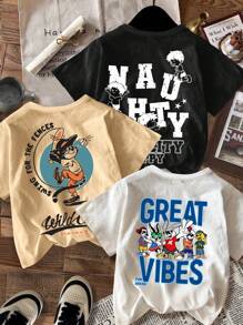 SHEIN Leap Crew Cartoon, American Vintage, Cute Bunny With Sunglasses, "I Love Mommy And Daddy", "Mommy And Daddy And Me", Party, Young Boy Casual Simple Round Neck Short Sleeve T-Shirt, Suitable For Summer, Back Of Clothes - Multicolor - View 1