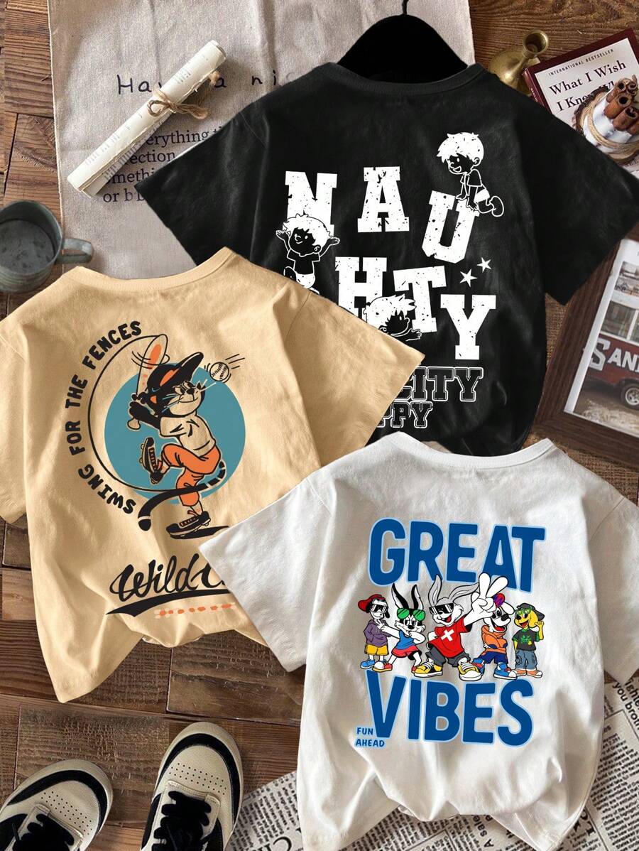 SHEIN Leap Crew Cartoon, American Vintage, Cute Bunny With Sunglasses, "I Love Mommy And Daddy", "Mommy And Daddy And Me", Party, Young Boy Casual Simple Round Neck Short Sleeve T-Shirt, Suitable For Summer, Back Of Clothes - Multicolor - View 1