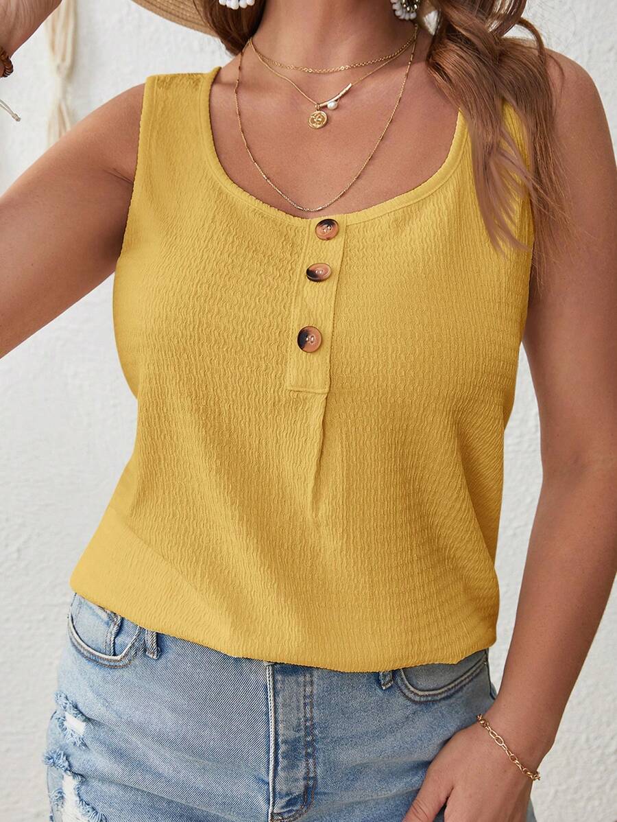 SHEIN VCAY Plus Size Women Plain Button Design Round Neck Casual Tank Top - Yellow - View 1