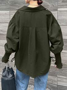 FRIFUL Women's Plain Drop Shoulder Long Sleeve Single Breasted Casual Shirt, Fall - Army Green - View 2