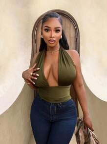 BamGleam Top corto de mujer con cuello en V profundo y espalda descubierta - Verde Oliva - Ver 5