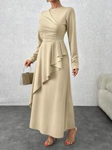 EURMUSE Beige Long Front Detailed Long Going Out Drapy Dress - Beige - View 4