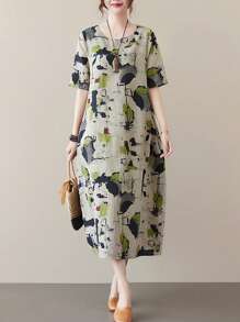 Vestido casual de mujer de cuello redondo y manga corta con estampado de batik - Caqui - Ver 1