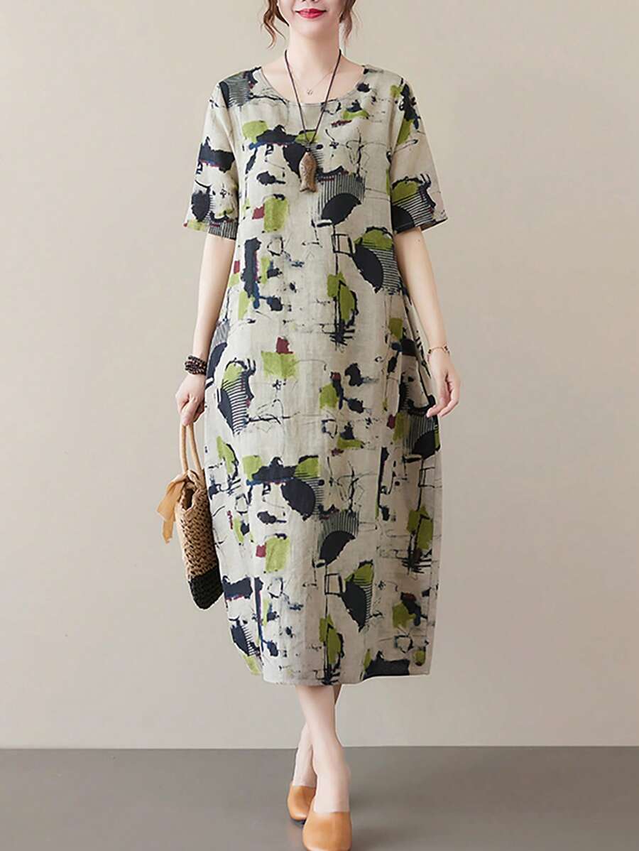Đầm thường ngày cổ tròn tay ngắn in họa tiết Batik cho nữ - Màu Khaki - Xem 1