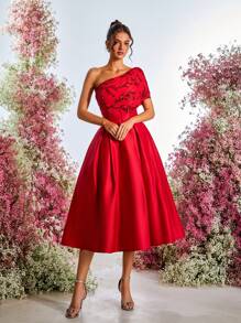 SHEIN Belle Elegant Glamorous Sequin Patchwork Satin Asymmetrical Neck Pleated A-Line Maxi Dress, Wedding Guest Dress, Suitable For Evening Parties, Galas, Dates, Formal Occasions, Party Dress, Prom Dress - Red - View 7