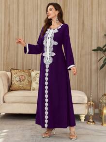 Al Najma Elegant Embroidered Rope Panel & Luxurious Purple Splice Glamorous Ladies Dress Kaftan Jalabiya Dress - Purple - View 4