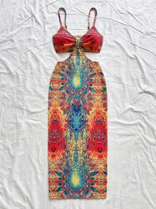 Soleia 新款针织纹理印花镂空腰部连衣裙，休闲度假西部海滩婚礼宾客夏季毕业早午餐装，圣帕特里克节春假复活节音乐节优雅波西米亚热带风情 - 彩色 - 查看 4