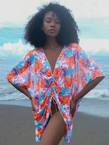 SHEIN Swim Vestido pareo con estampado de hoja grande tropical y colorido, con cordón en el centro para mujer - Multicolor - Ver 1