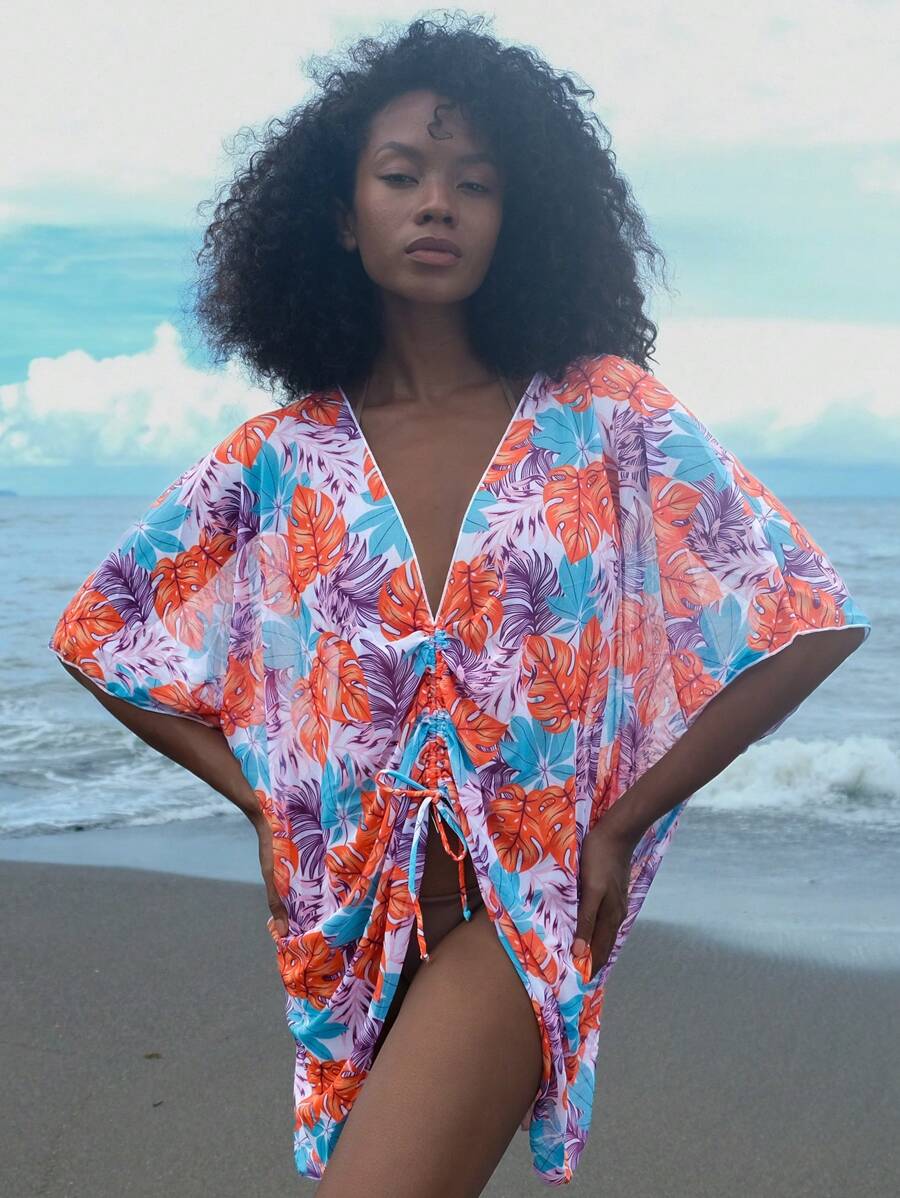 SHEIN Swim Vestido pareo con estampado de hoja grande tropical y colorido, con cordón en el centro para mujer - Multicolor - Ver 1