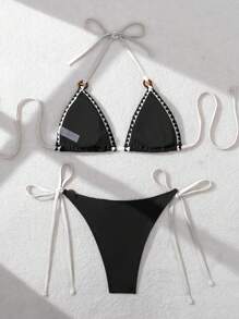 SHEIN 女士军绿色贝壳边饰泳衣