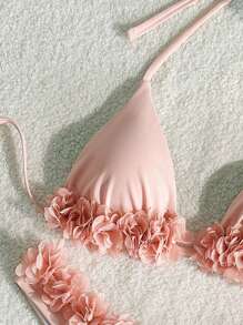 SHEIN Swim 2pcs Simple & Elegant Pink 3D Floral Sexy Bikini Set For Women For Summer Beach Vacation