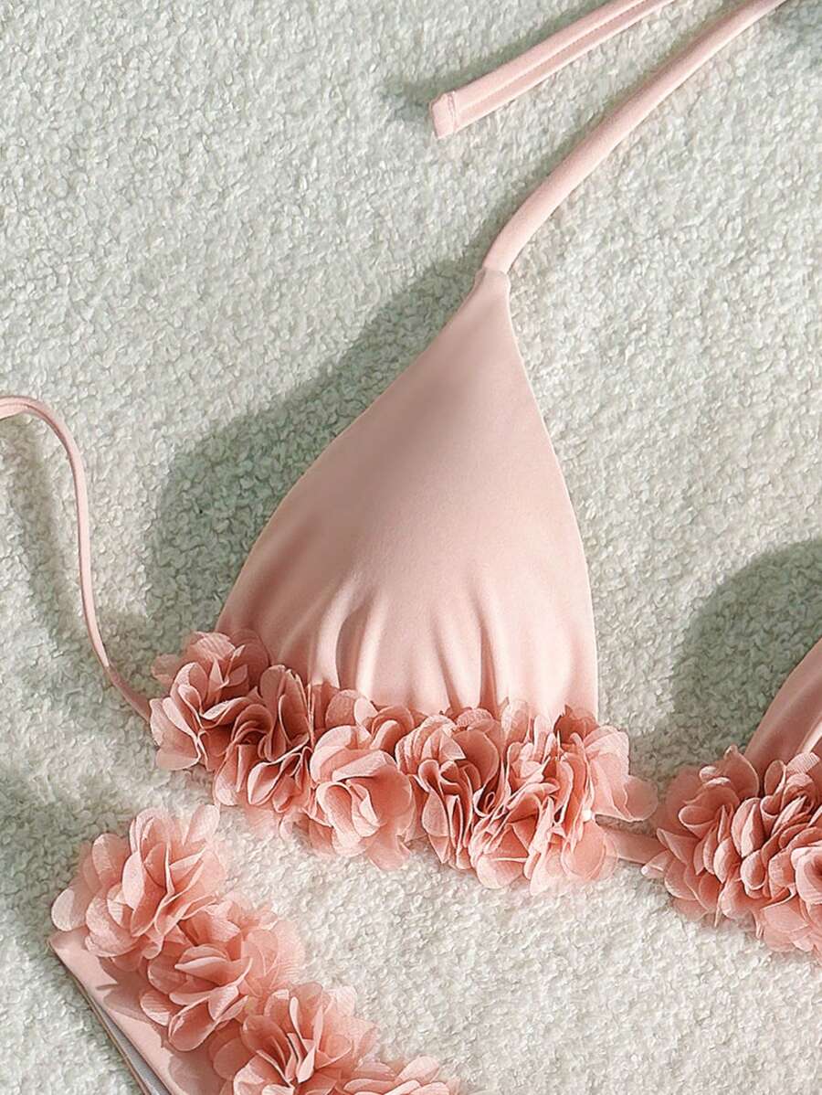 SHEIN Swim 2pcs Simple & Elegant Pink 3D Floral Sexy Bikini Set For Women For Summer Beach Vacation
