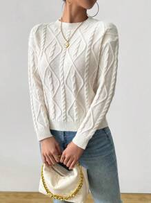 SHEIN LUNE Argyle Pattern Cable Knit Sweater Knit Pullover Fall Winter - White - View 3