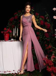 Coutiva Vestido de fiesta elegante con lentejuelas y recortes, vestido de noche estilizador, vestido de invitada de boda, vestido formal