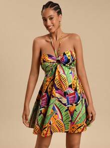Travachic Woven Print Halter Cutout Design Women Mini Dress - Multicolor - View 4