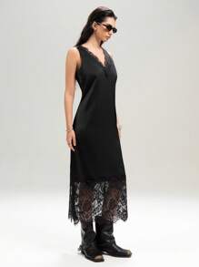 LYSMO 女式 V 领蕾丝中长连衣裙 - 黑色 - 查看 4