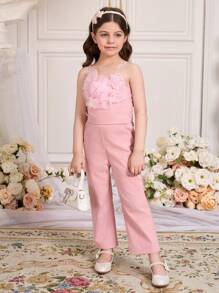 2pcs/Set Girl Solid Color Mesh Floral Decor Camisole And Wide Leg Pants - Pink - View 1