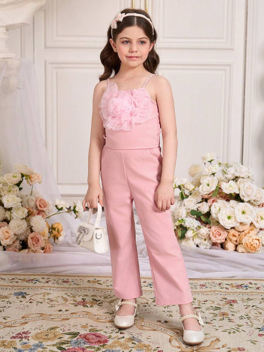 2pcs/Set Girl Solid Color Mesh Floral Decor Camisole And Wide Leg Pants - Pink - View 1