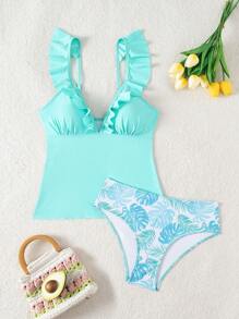 Swim Lushoire 2 件套度假针织植物印花褶饰系带露背吊带背心和比基尼套装女士 - 彩色 - 查看 5