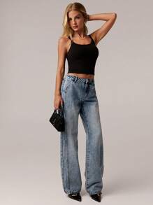 Forever 21 女式休闲水洗低腰直筒牛仔裤 - 藍色 - 查看 1