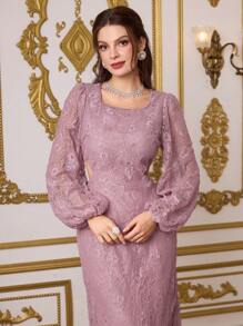 Modelyn Women's Floral Lace Lantern Sleeve Square Neck Elegant Dress