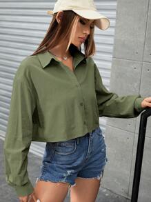 SHEIN EZwear 1pc Drop Shoulder Button Front Crop Shirt - Army Green - View 7