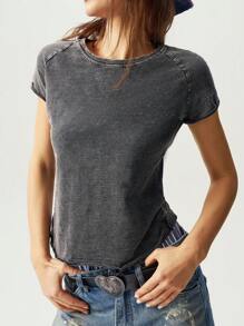 Bohemela Solid Color Knitted Crew Neck Short Sleeve Fitted Washed Women T-Shirt - Black - View 5