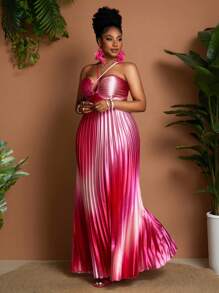 Maweii Plus Size Women Sexy & Charming Spaghetti Strap Hollow-Out Waist Gradient Color Pleated Mini Dress