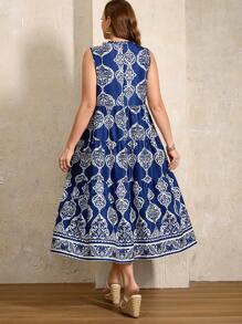 EMERY ROSE 大码女式波西米亚风格图案印花拼布无袖 A 字形连衣裙